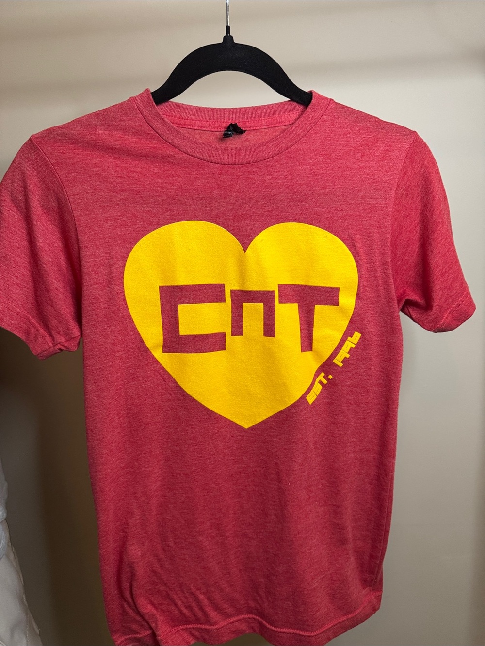 Women's Red Short Sleeve Graphic Tee with Yellow Heart. 1999